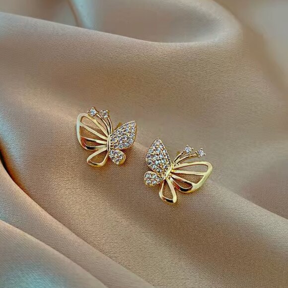 Elegant Gold OR Silver Color Cubic Zircon Butterfly Stud Earrings - Picture 7 of 9